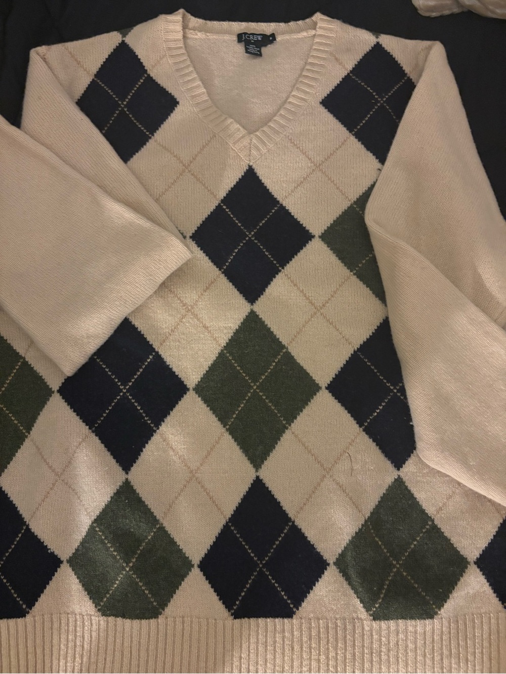 J. Crew Cream V-Neck Argyle Sweater w Navy and Forest Green Diamonds. #Vintage.